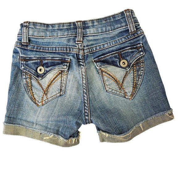 Z Cavaricci 90s Y2K Girls Denim Cutoff Shorts Sz 7 Frayed Hem Snap Flap Pockets - Picture 2 of 8